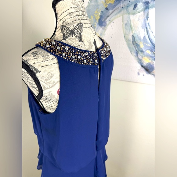 S.L. Fashions Stunning Navy Layered Midi Dress Beaded Neckline Stylish Size 6 - Picture 8 of 10